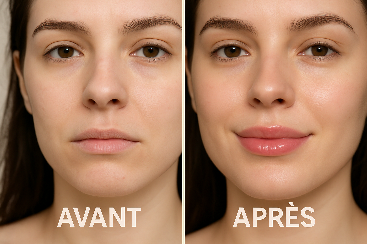 Avant/après montrant la transformation naturelle des lèvres