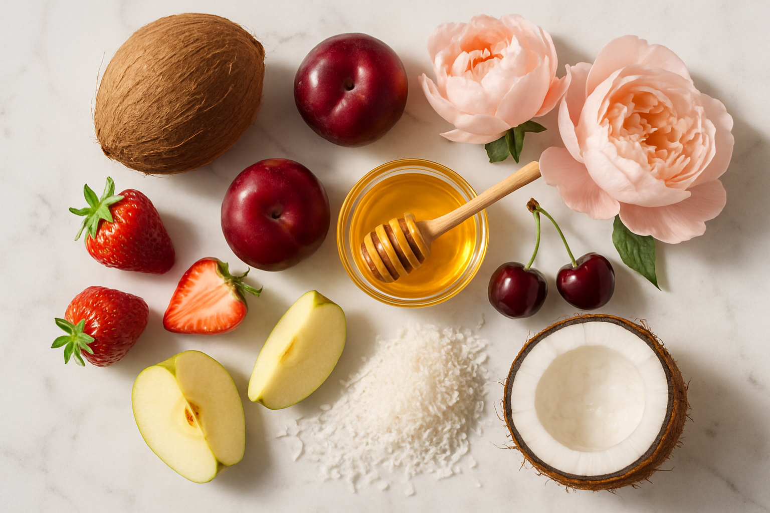 Composition des vrais ingrédients : fraise, prune, pivoine, cerise, miel, pomme et coco