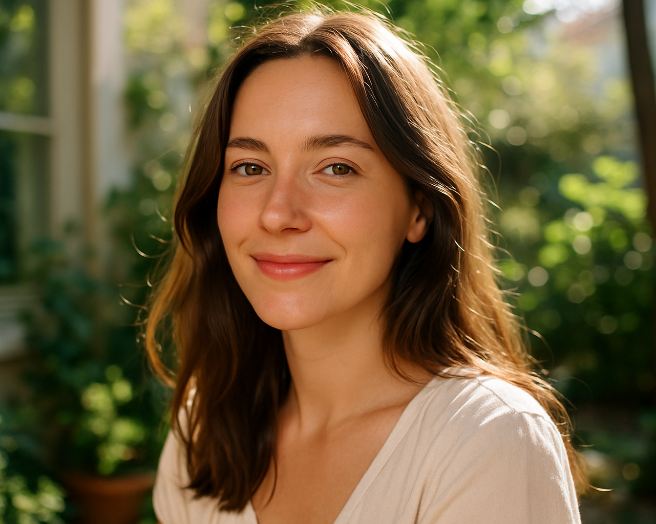 Image d'une belle femme française dans un cadre naturel avec un visage rayonnant et des cheveux soyeux