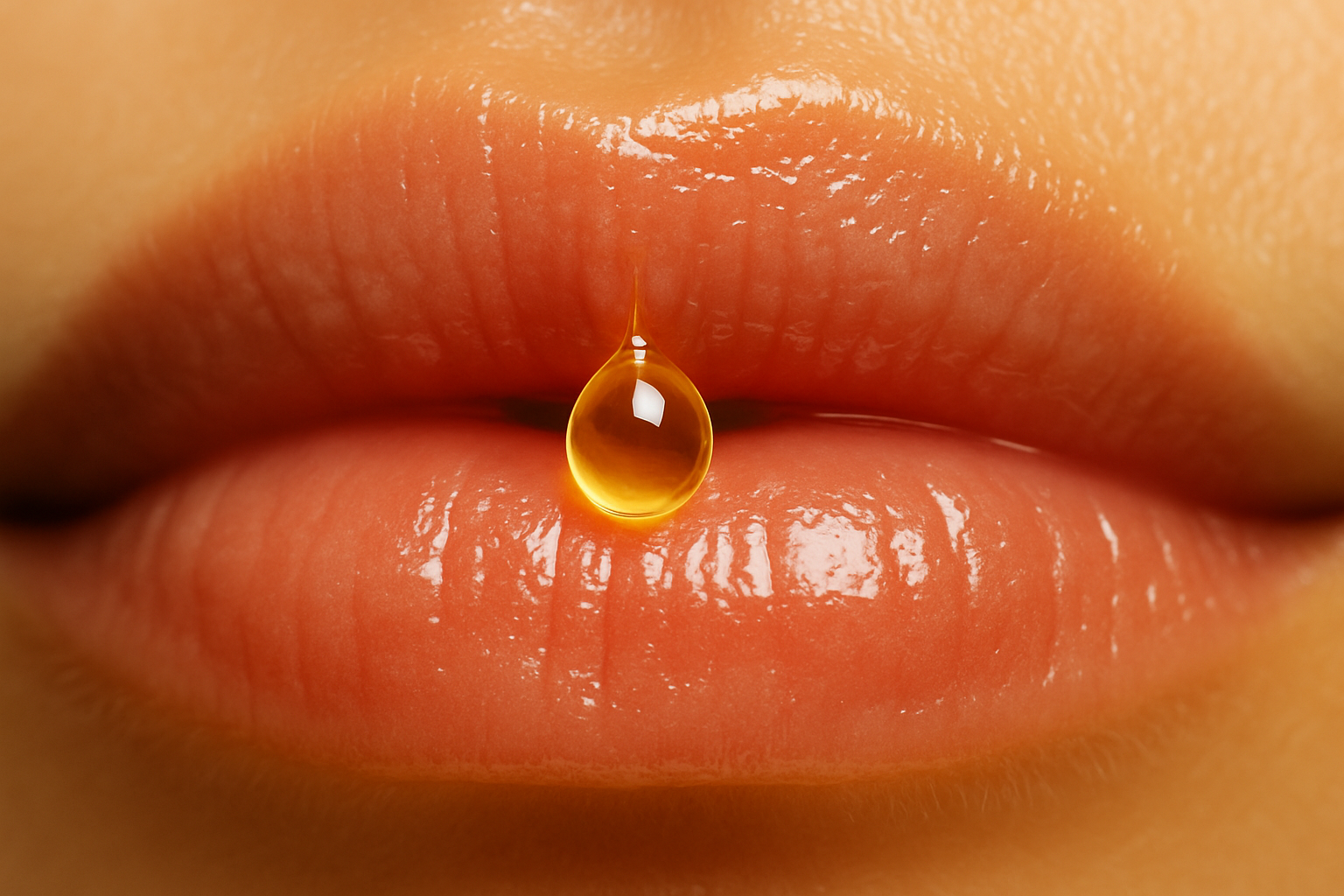 Macro des lèvres hydratées avec goutte d'huile réfléchissante